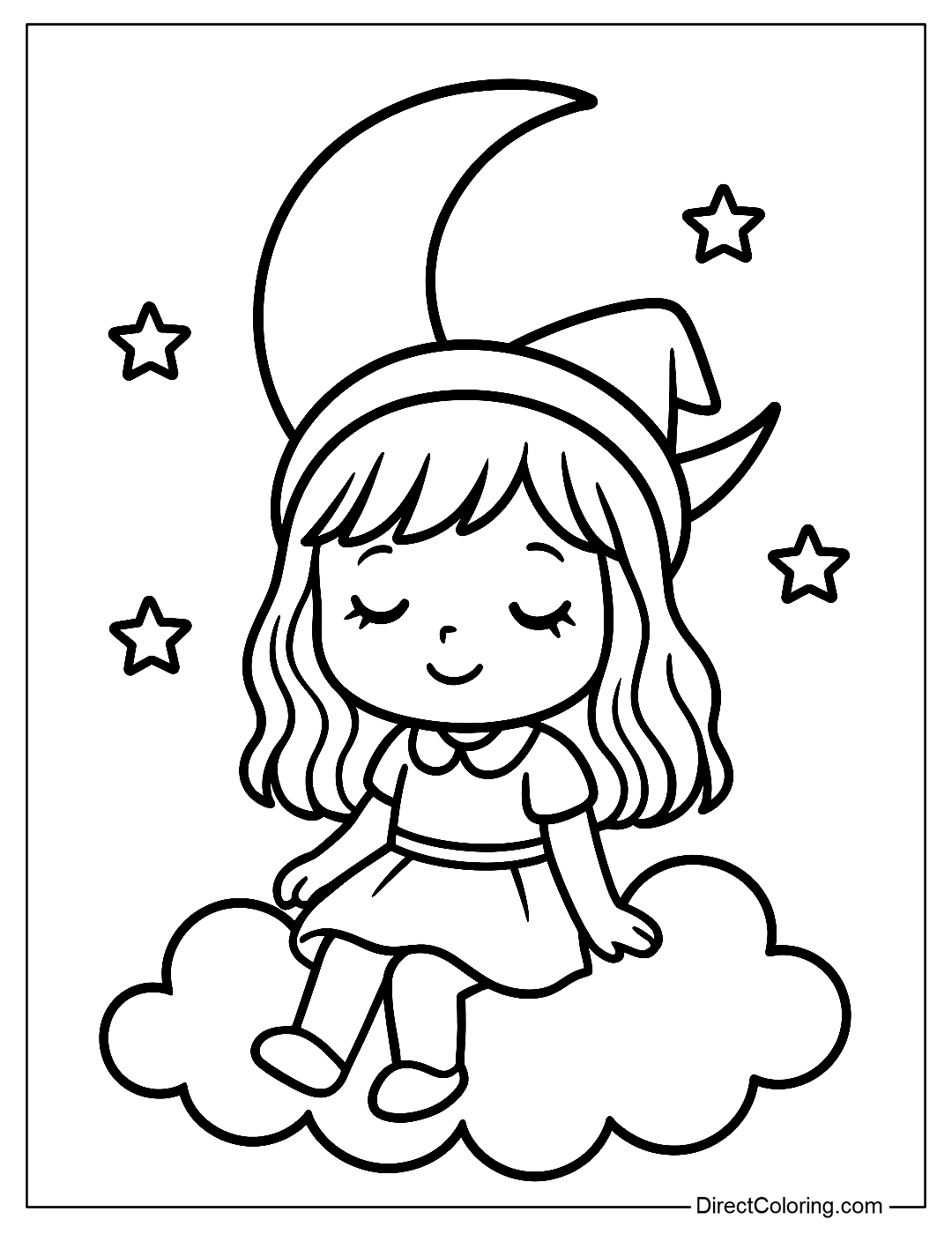 Coloring page of a doll wearing a moon hat sitting on a gentle cloud